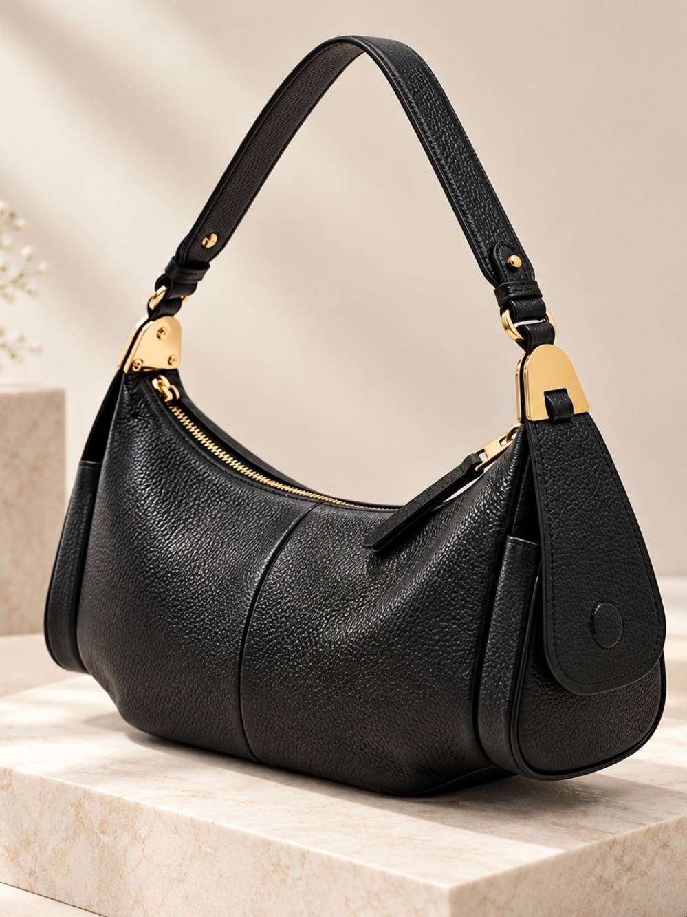Black Pebbled Shoulder Hobos Shoulder Bag with Gold Accents